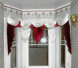 Dollhouse Bay Window Red and White Curtain Drape Valance