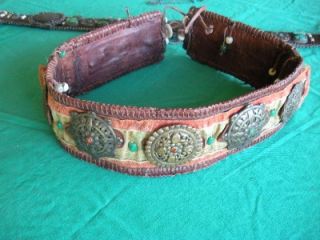   Leather Belt w Brass Turquoise Chesnee Ornaments 33 5 Long