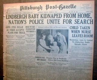 1932 Headline Newspaper 1st Report Lindbergh Baby Kidnapped Hopewell 
