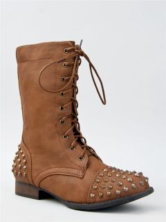   Lace Up Stud Detail Combat Mid Calf Boot Tan Chestnut RASCAL01