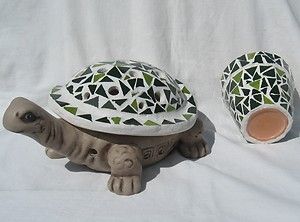 Large Mosaic Patio Set Green and White Turtle and Flower Pot