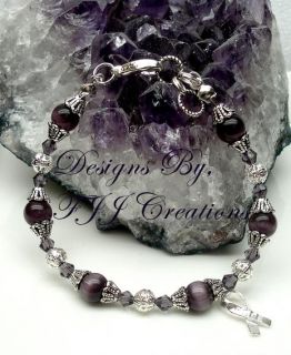 Purple Swarovski Beads Hope Ribbon Awareness Jewelry Bracelet Support 
