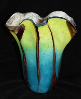 Chihuly Inspired Elegant Ocean Blue Hand Blown Glass Flower Vase Art 