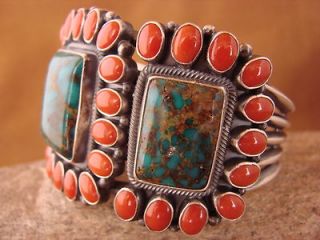   Indian Large Sterling Silver Turquoise & Coral Bracelet by Kirk Smith