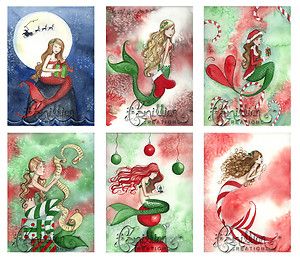 Christmas Mermaids Blank Note Cards Mix 3 Art Grimshaw