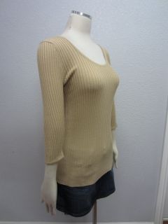 Chesley Stretch Beige Tan Ribbed Scoop Neck Fitted Winter Warm Sweater 