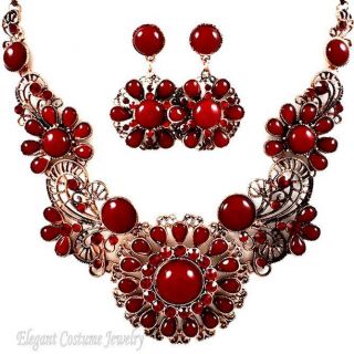  Red Copper Crystal Acrylic Chunky Necklace Set Elegant Costume Jewelry