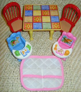 Fisher Price Loving Family COUNTRY TABLE SET W TWINS HIGHCHAIRS