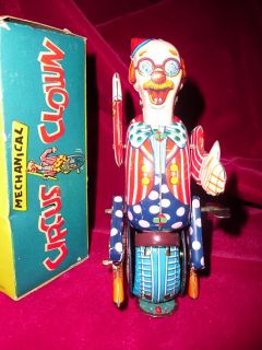 Vintage Mechanical Tin Toy Clown Riding A Unicycle Original Box