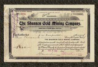 1902 Shannon Gold Mining Co. Stock Certificate CRIPPLE CREEK DISTRICT