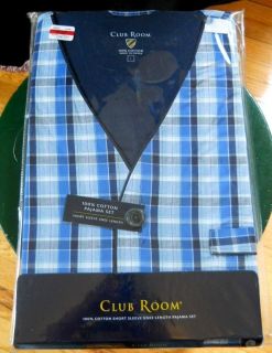 Club Room Men’s Blue Plaid Cotton Short Sleeve Knee Length Pajama