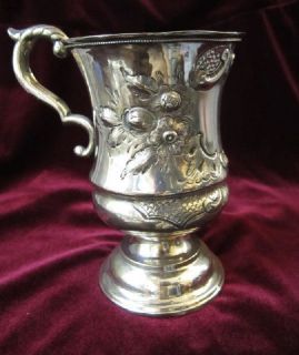  Antique Coin Silver Pedestal Cup Mug Ornate Repousse Circa 1850