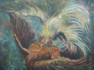 huge rooster cock fighting oil painting bali vintage description huge