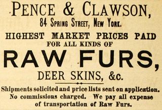 1883 Ad Raw Fur Deer Skin Pence Clawson Animal Clothing   ORIGINAL