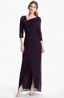 Adrianna Papell Sheer Sleeve Ruched Gown