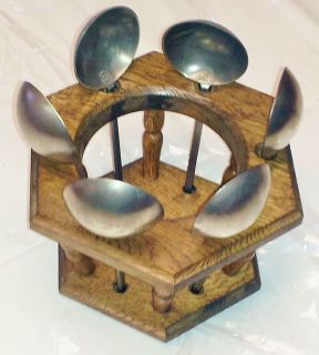 Frieling Zinn German Pewter Spoons (6) with Oak Display Stand