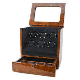   Collectors Winders Multi Function Burlwood Brown 6 Slot Watch Winder