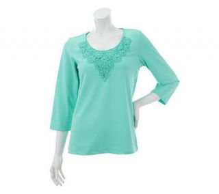 Susan Graver Butterknit Scoop Neck Top w/Lace Applique and 3/4 Sleeves 