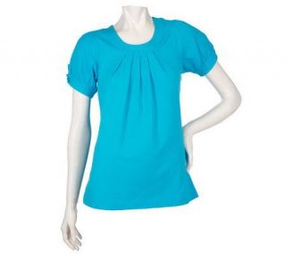 Denim & Co. Stretch Short Sleeve Knit Top with Pleating Detail 