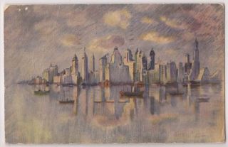 1931 New York City Oilview Postcard Castles of Commerce Skyline from