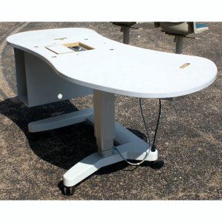 contemporary white computer desk on casters features a unique shape