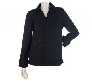 Susan Graver Stretch Cotton Zip Front Shirt w/Embroidery & Beading