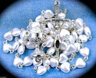 First Communion Chalice Rosary Faux Pearl White Heart Beads Pouch Gift