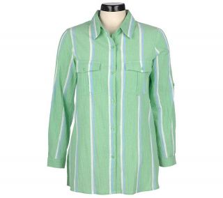Denim & Co. Striped Gauze Roll Tab Sleeve Big Shirt —