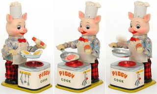 Vintage Japan PIGGY COOK in box EXCELLENT battery toy WORKS GREAT! ham