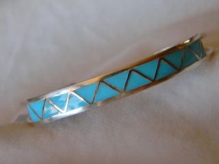 Sterling Silver Navajo Signed 15 Turquoise Inlaid Bracelet