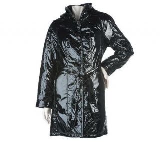Dennis Basso Faux Patent Leather Coat with Quilted Panel Detail 