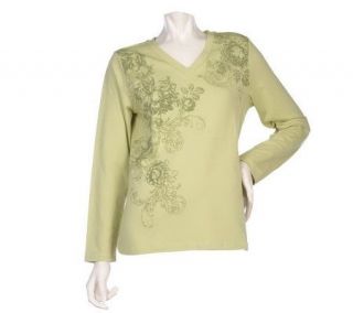 Denim & Co. Long Sleeve V neck Floral Print Knit T shirt —