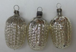 Antique Blown Glass Silver Corn Cob Christmas Ornaments Lot of 3