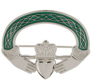 Silvertone Claddagh Brooch with Green Enamel —