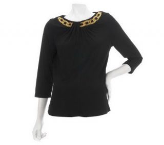 Bob Mackies 3/4 Sleeve Top with Embroidered Neckline —