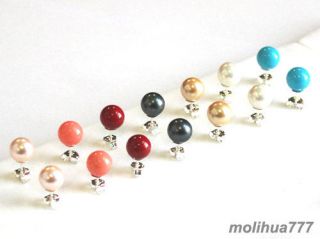  Yellow Shell Pearl Red Coral Turquoise 925 Silver Stud Earrings