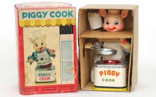 Vintage Japan PIGGY COOK in box EXCELLENT battery toy WORKS GREAT ham