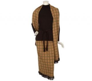 Nina Leonard Jacquard Knit Fringe Skirt w/ Sweater and Matching Wrap 
