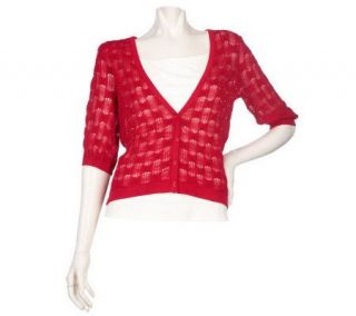 Dialogue High Luster Basketweave Elbow Sleeve Cardigan   A95234