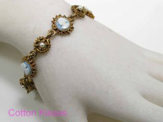 Vintage Cameo Bracelet Pearls Wedgwood Blue Color Gold Tone Heavy Free