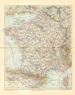 1896 Original Antique Dated Map of France and Corsica
