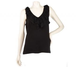 Susan Graver Liquid Knit Sleeveless Top with Lace Ruffled Neck 