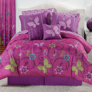 New Pink Butterfly Comforter Set Sheets Set Throw Pillows Bed in A Bag