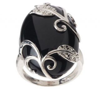 Oval Onyx with Leaf Design Sterling Overlay Ring —