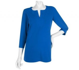 Susan Graver Liquid Knit Split Neck Top with 3/4 Sleeves   A209549