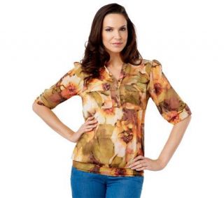 Susan Graver Printed Chiffon Pull Over Y neck Blouse w/Banded Bottom 