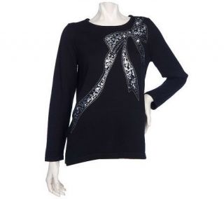Quacker Factory Long Sleeve Sequin Bow Sweater —
