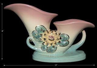  Pottery Water Lily PK / Turquoise & Gold RARE Double Cornucopia Vase