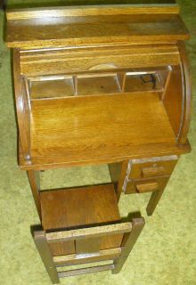 1930s Child Golden Oak Roll Top Desk with Chair