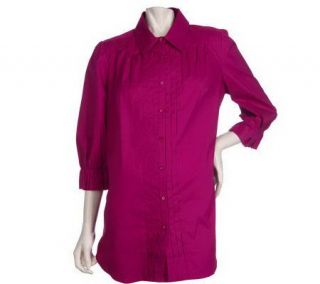 Motto 3/4 Sleeve Button Front Tunic with Shirt Tail Hem —